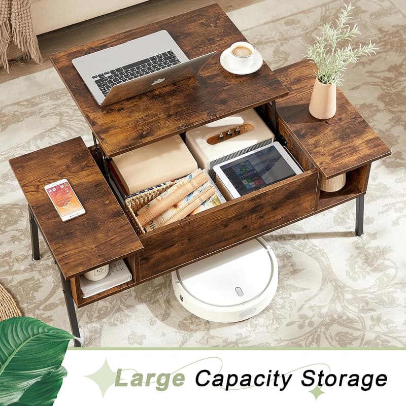 Lift Top Wood Coffee Table with Hidden Compartment - Brown