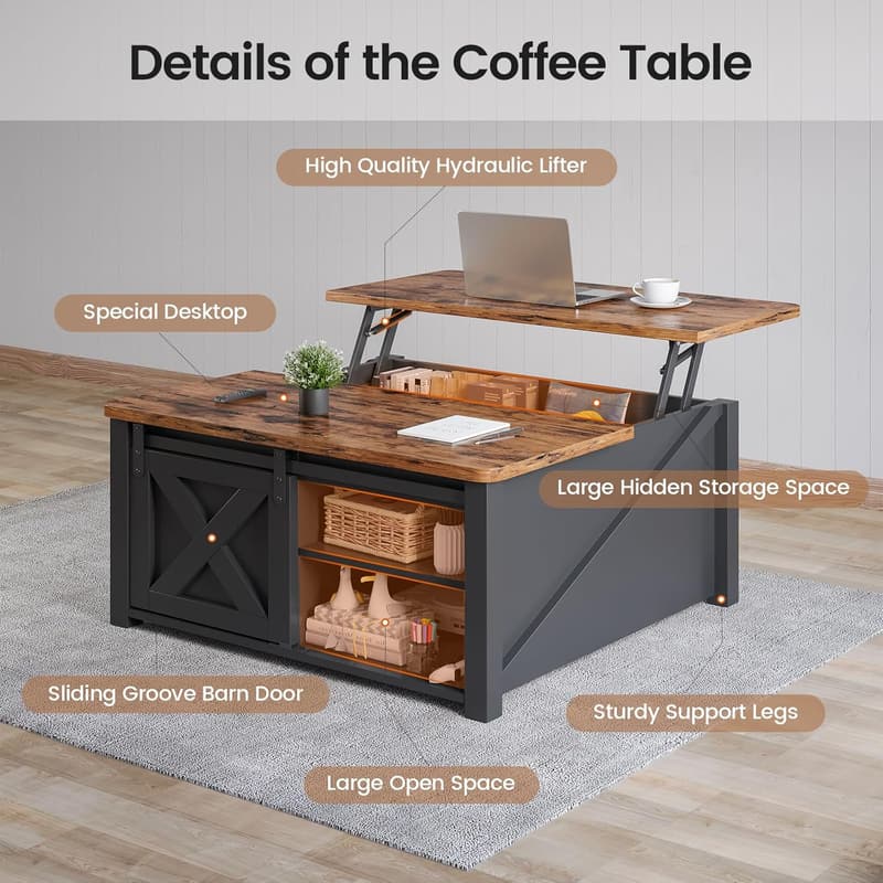 Farmhouse Lift Top Coffee Table with Storage, Black