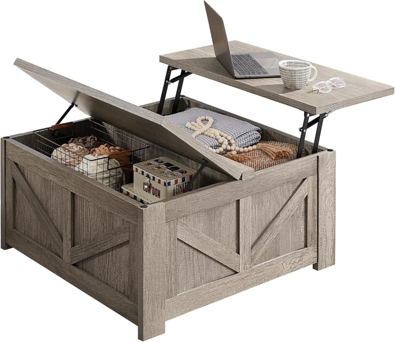 Gray Farmhouse Lift-Top Coffee Table with Hidden Storage