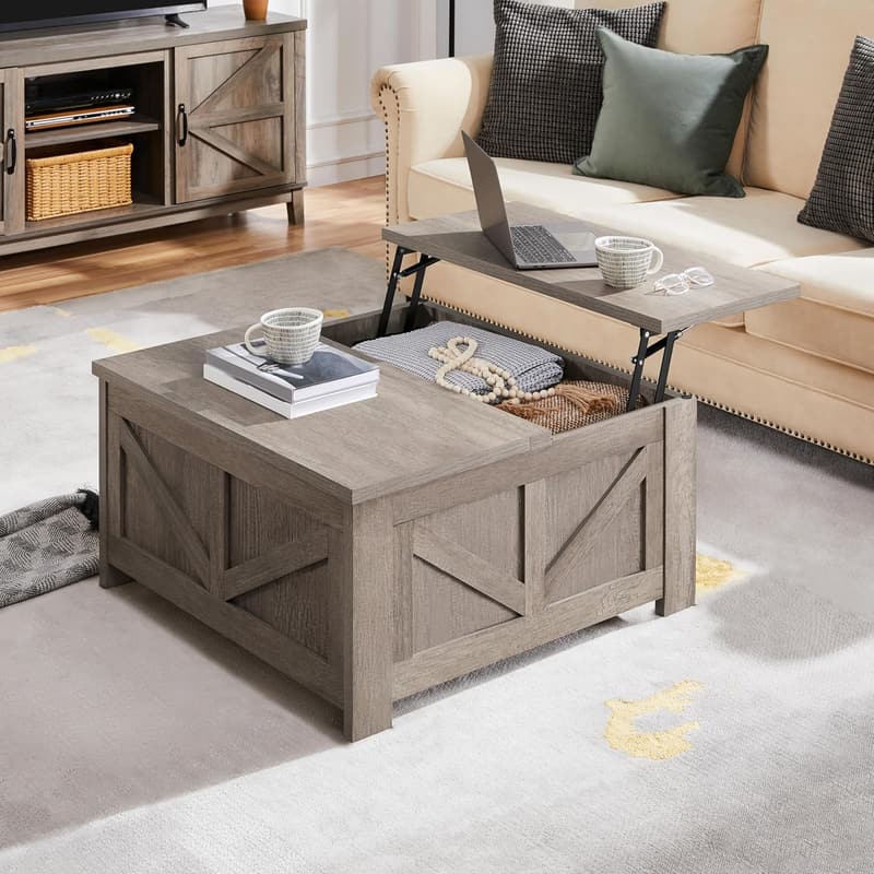 Gray Farmhouse Lift-Top Coffee Table with Hidden Storage