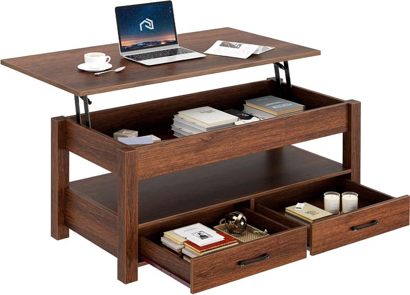 Retro Lift-Top Coffee Table with Drawers for Living Room