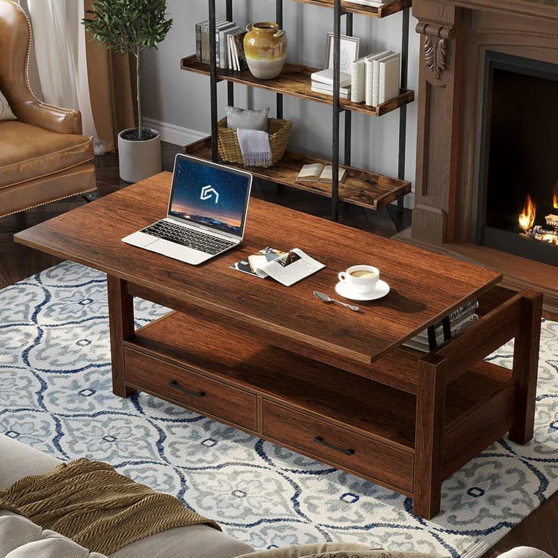 Retro Lift-Top Coffee Table with Drawers for Living Room