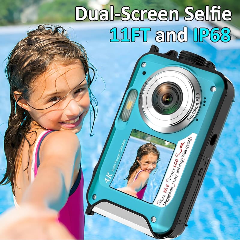 Waterproof 4K Underwater Camera for Snorkeling - 56MP, Dual-Screen