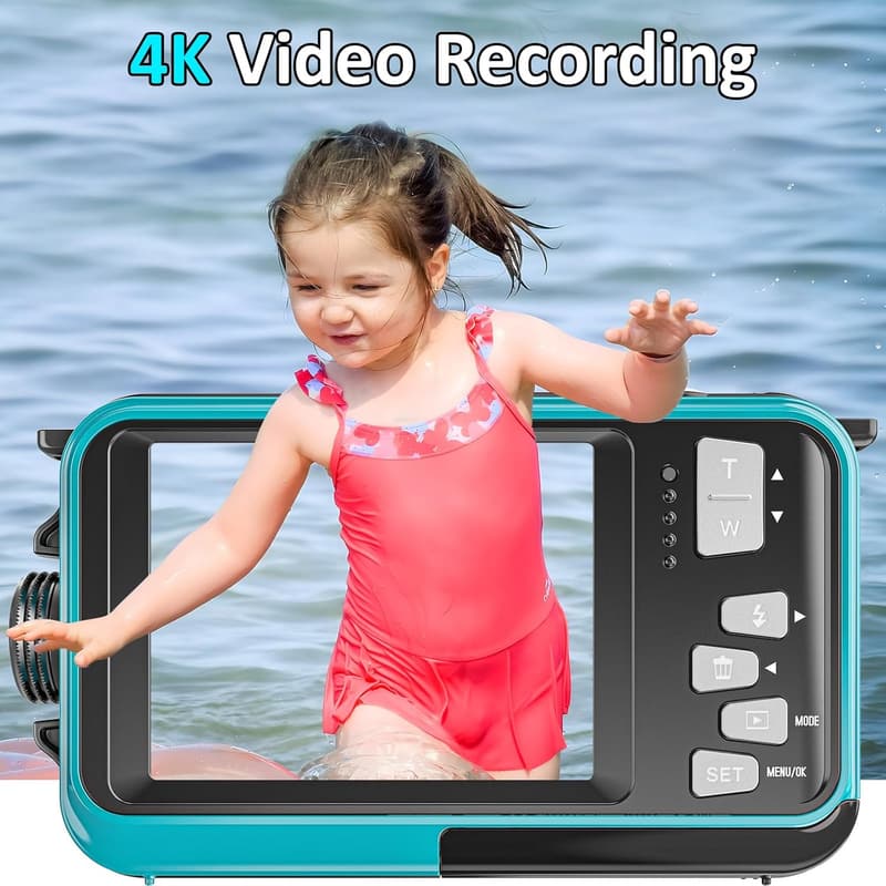 Waterproof 4K Underwater Camera for Snorkeling - 56MP, Dual-Screen