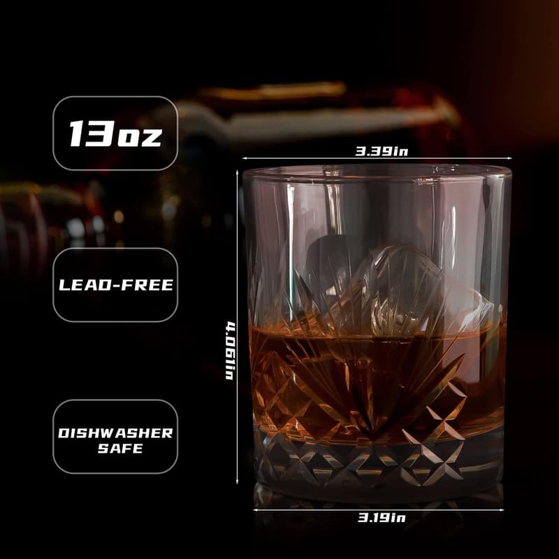 Handmade Old Fashioned Whiskey Glass Set - 13 oz, Set of 4