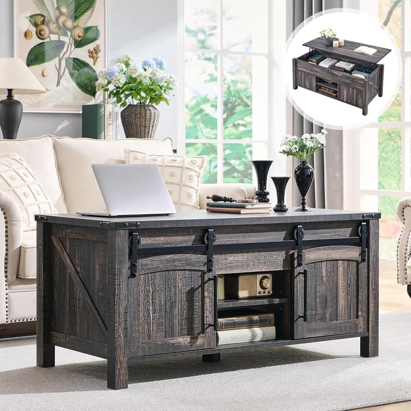 Rustic Oak Lift-Top Coffee Table with Hidden Storage