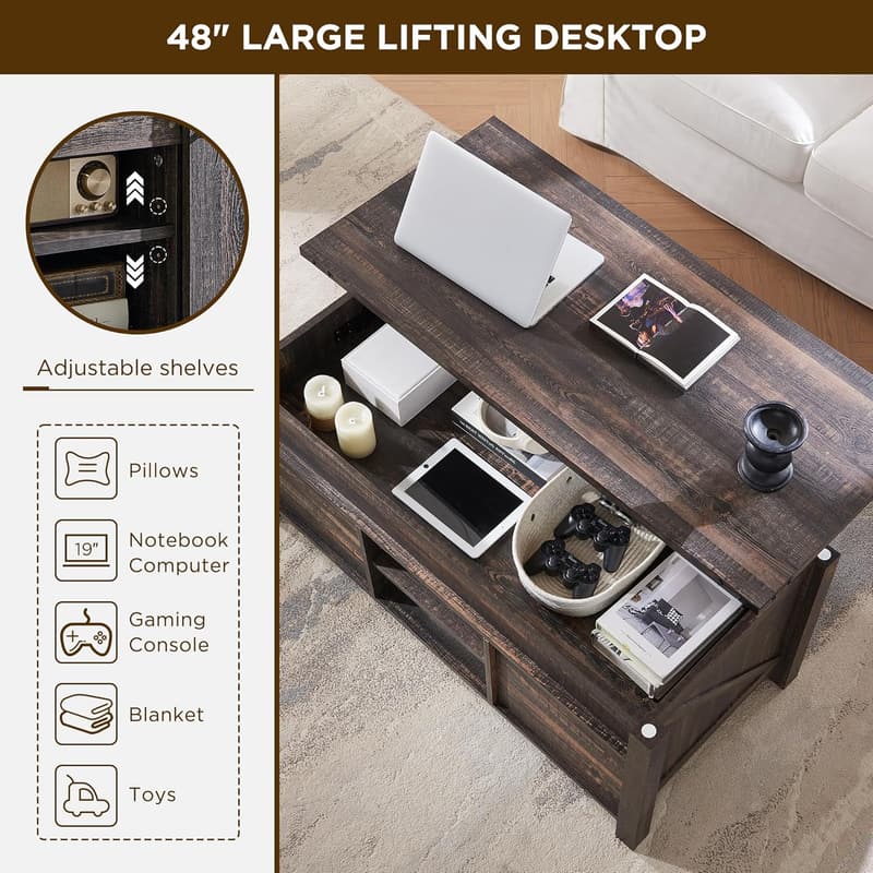 Rustic Oak Lift-Top Coffee Table with Hidden Storage