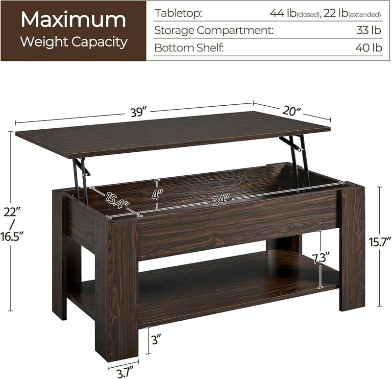 Lift Top Coffee Table with Hidden Storage - Espresso