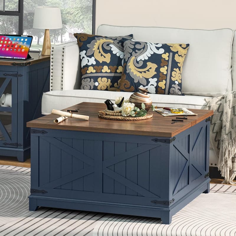 Modern Navy Blue Farmhouse Coffee Table with Hidden Storage
