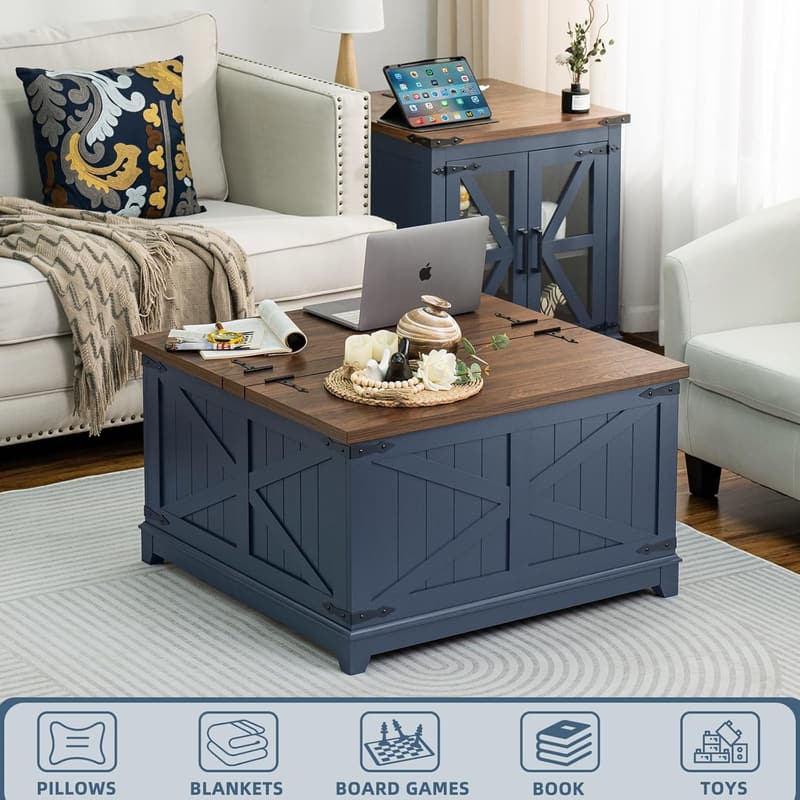 Modern Navy Blue Farmhouse Coffee Table with Hidden Storage