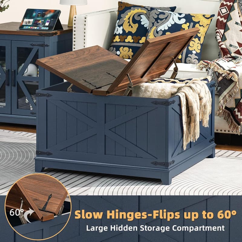 Modern Navy Blue Farmhouse Coffee Table with Hidden Storage