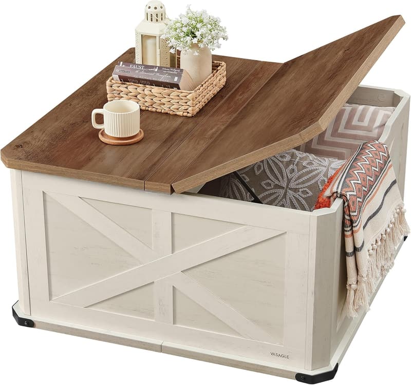 Farmhouse Square Coffee Table with Storage - Honey Brown & White