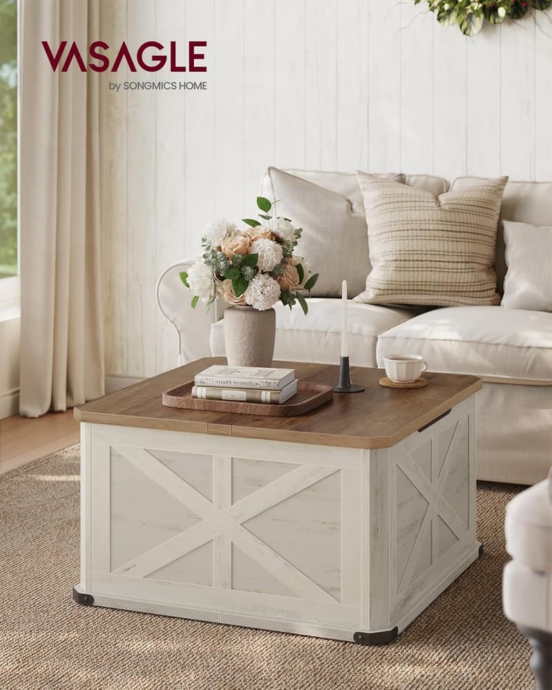Farmhouse Square Coffee Table with Storage - Honey Brown & White