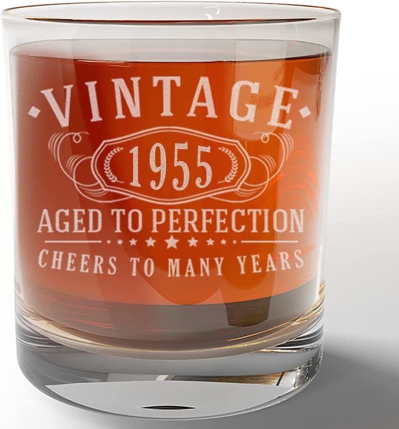 70th Birthday Whiskey Glass - Vintage 1955 Etched 11oz Gift for Him