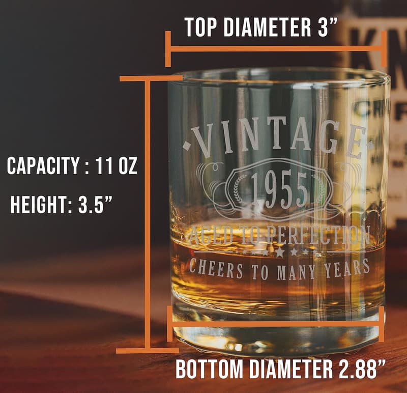 70th Birthday Whiskey Glass - Vintage 1955 Etched 11oz Gift for Him