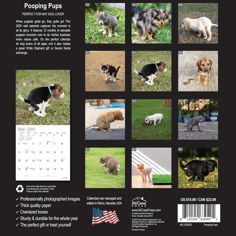 Funny Pooping Puppies 2025 Wall Calendar | Gag Gift