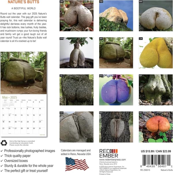Funny 2025 Wall Calendar | Nature's Butts | 12