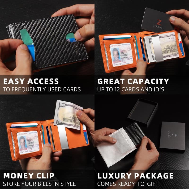 Minimalist RFID Leather Wallet for Men, 12 Card Slots, Gift Box