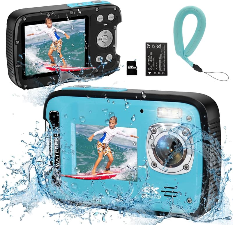 4K Waterproof Underwater Camera with Dual Screen & 32GB Card