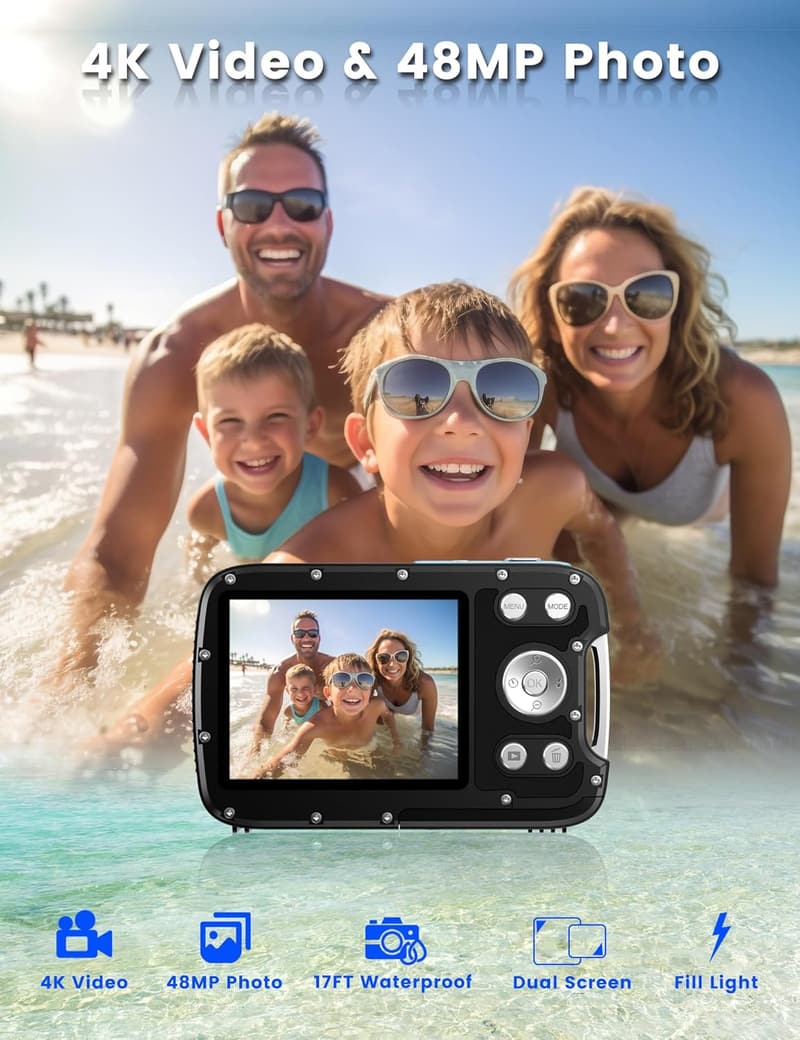 4K Waterproof Underwater Camera with Dual Screen & 32GB Card