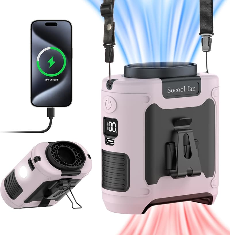 Rechargeable 10000mAh Pink Wearable Waist Fan with 5 Speeds