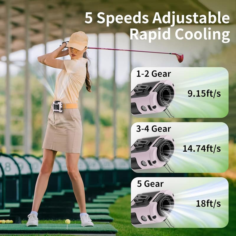 Rechargeable 10000mAh Pink Wearable Waist Fan with 5 Speeds