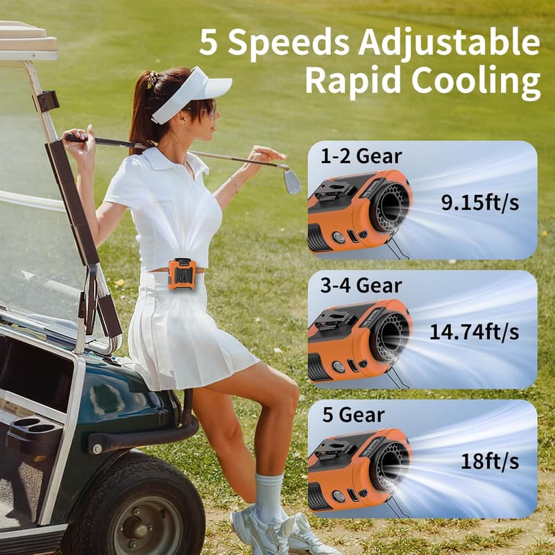 Rechargeable 10000mAh Wearable Waist Fan with 5 Speeds - Orange