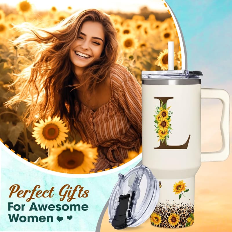 Personalized Sunflower Monogrammed Tumbler for Her 40oz