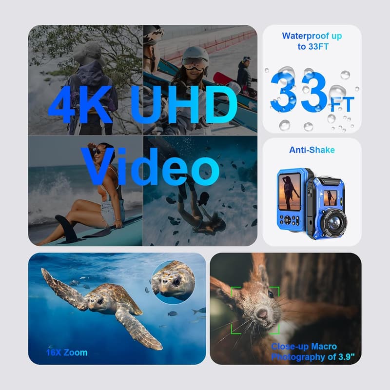 4K 56MP Underwater Camera for Snorkeling - Waterproof, Compact