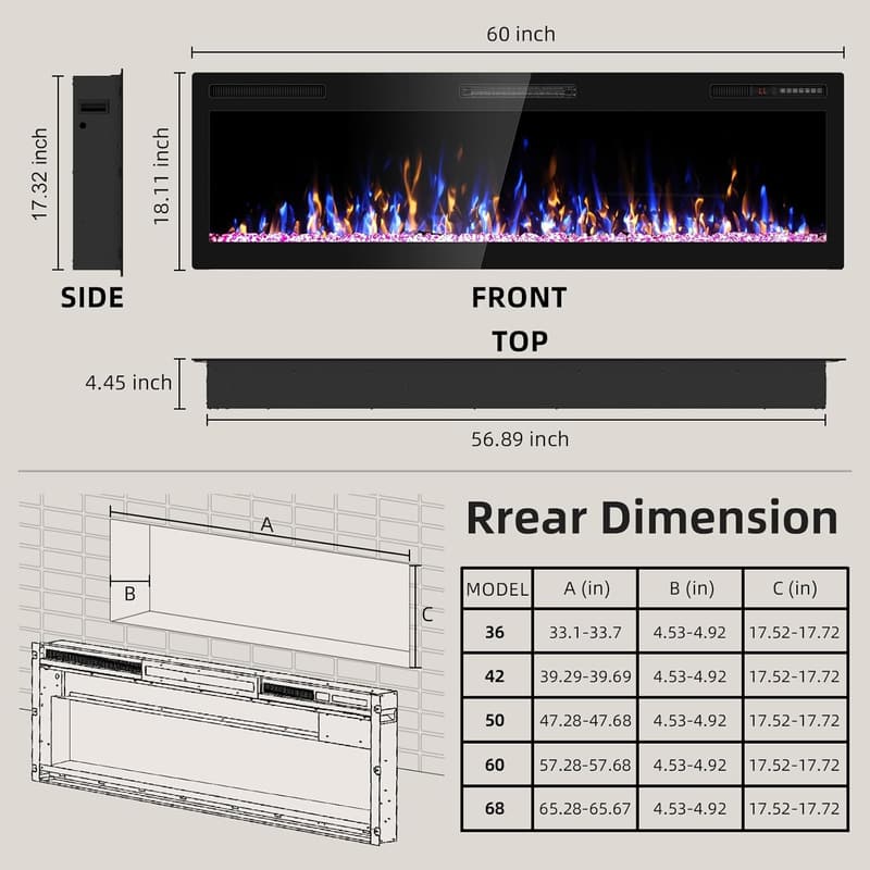 Wall-Mounted Electric Fireplace Heater with Remote Control