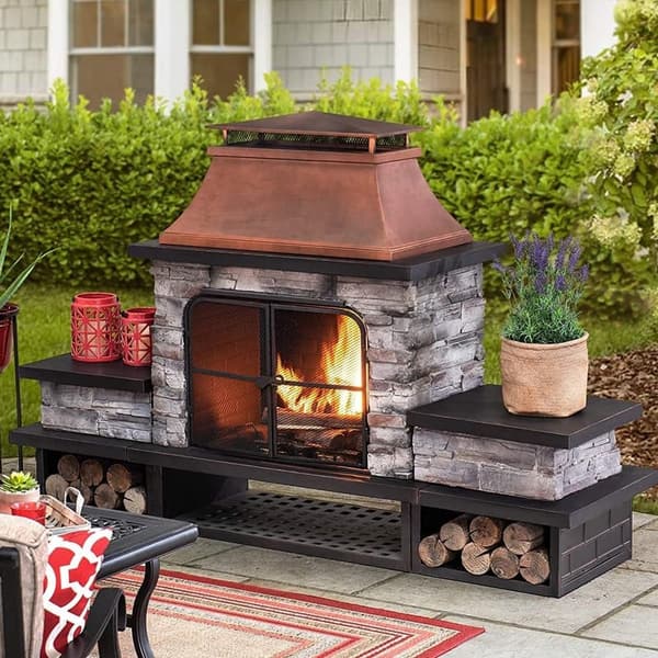 Outdoor Wood Burning Fireplace with Steel Chimney and Screen