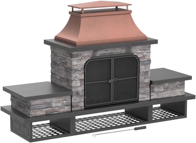 Outdoor Wood Burning Fireplace with Steel Chimney and Screen