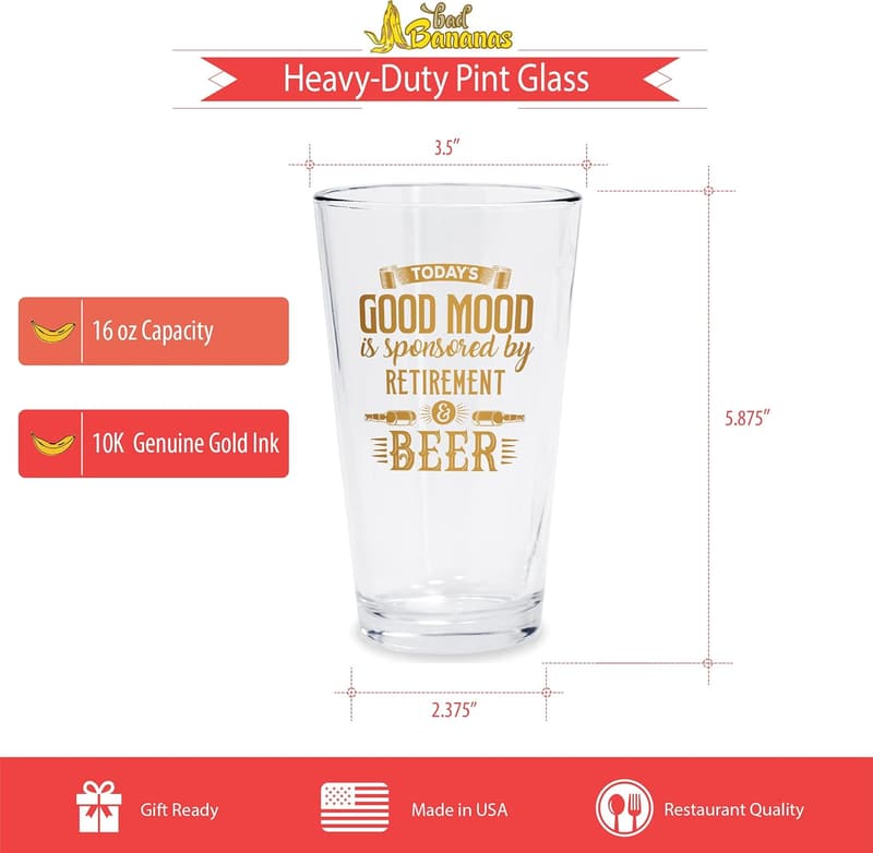 Retirement Gift: 16 oz Beer Pint Glass with 10K Gold Ink