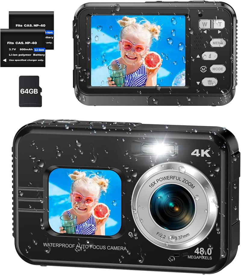 Waterproof 4K Underwater Camera with Dual-Screen & 64GB Card