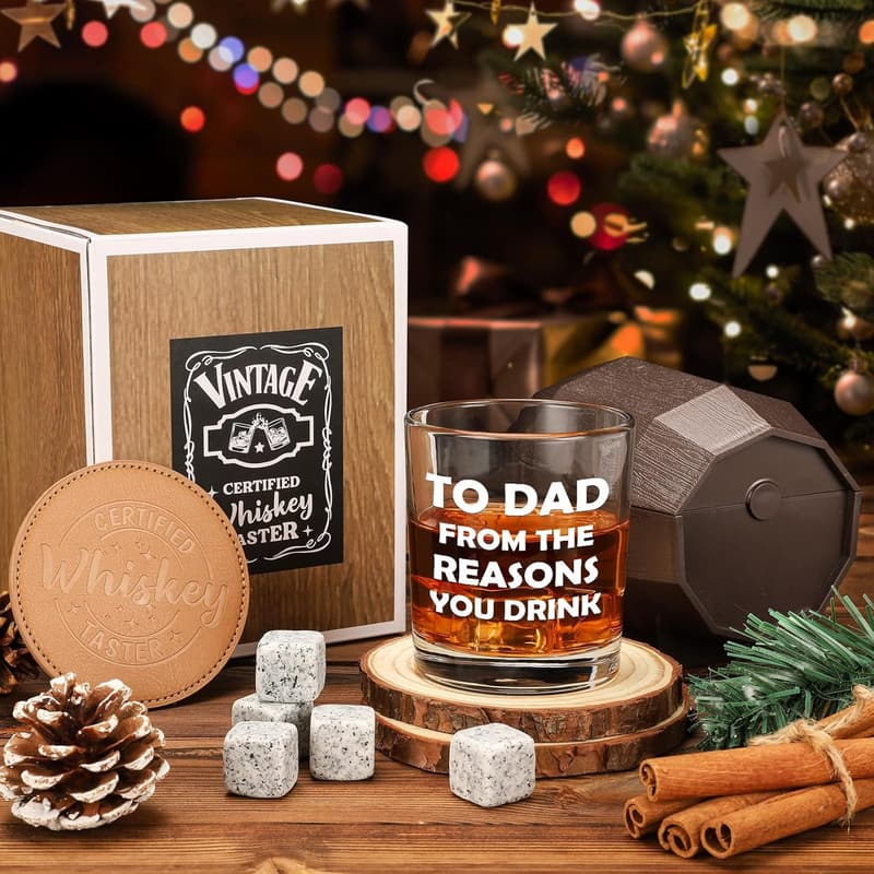 Funny Whiskey Rocks Glass & Bourbon Barrel Set for Dad