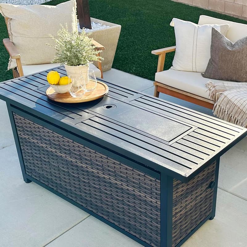 Outdoor Rattan Gas Fire Pit Table with Fire Glass, 50,000 BTU