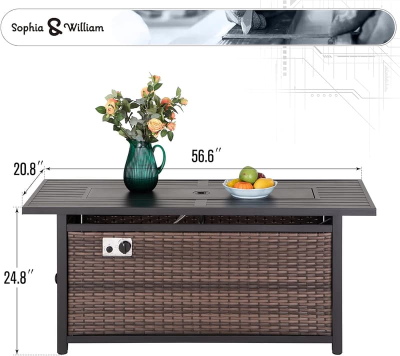 Outdoor Rattan Gas Fire Pit Table with Fire Glass, 50,000 BTU
