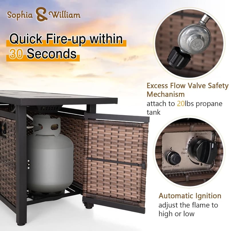 Outdoor Rattan Gas Fire Pit Table with Fire Glass, 50,000 BTU