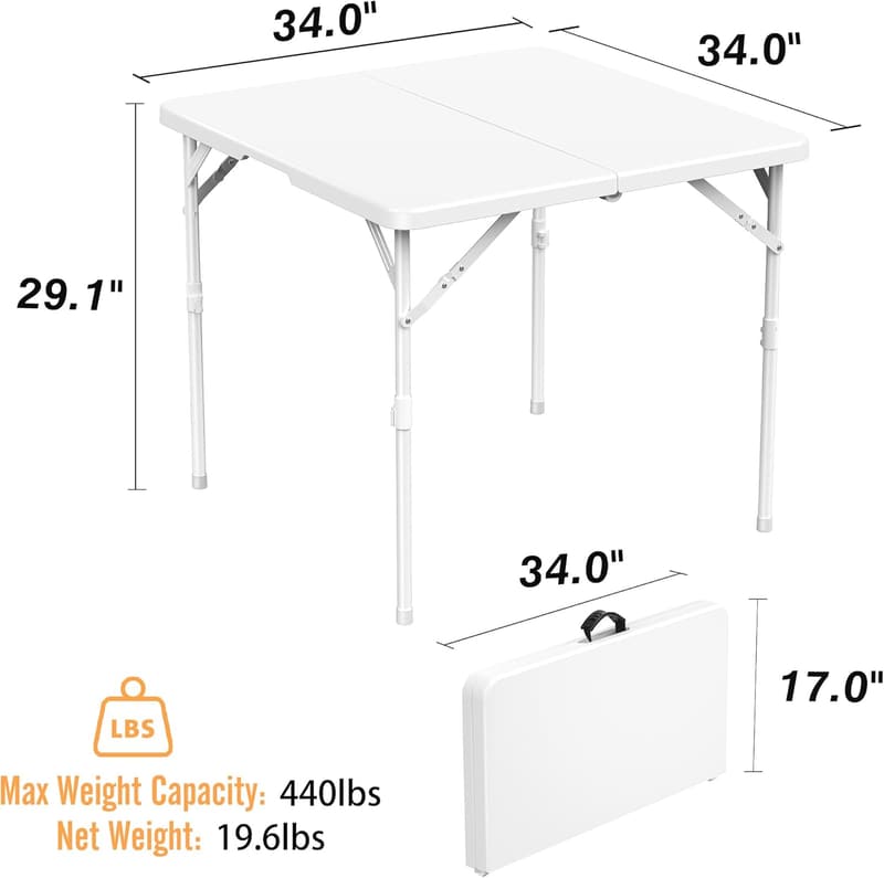 Portable Folding Table - 34'' Square, Height Adjustable, White