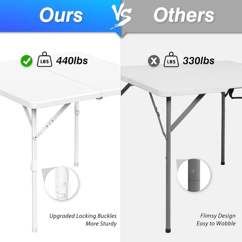 Portable Folding Table - 34'' Square, Height Adjustable, White