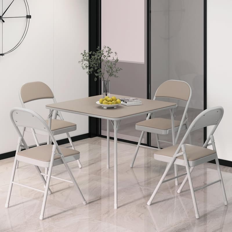 Portable 34'' Folding Table with PU Padded Top - Beige