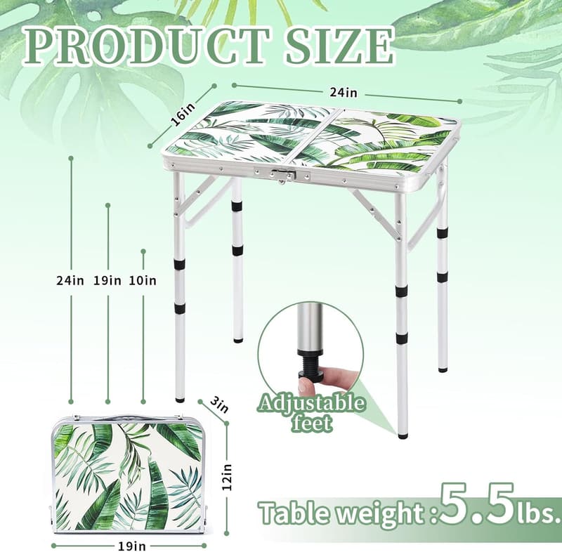 Portable 2ft Folding Camping Table with Adjustable Height and Carry Handle