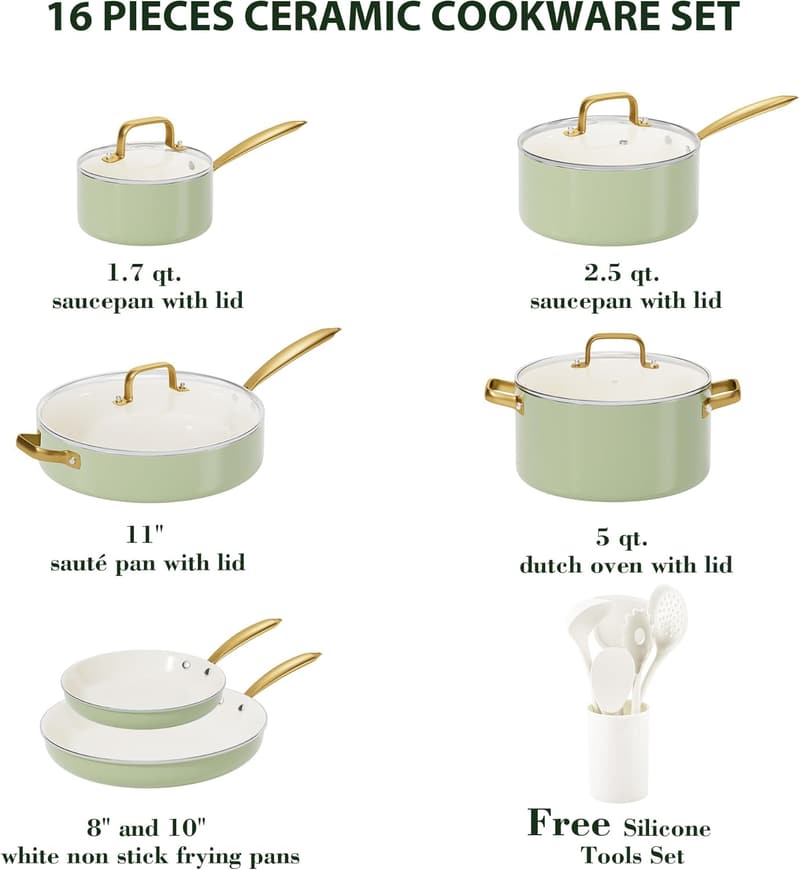 VONIKI Non-Stick Ceramic Cookware Set with Utensils
