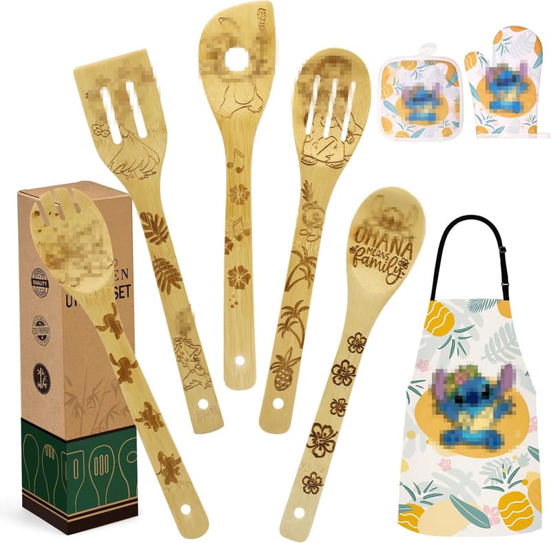 Mom Gift Set: Bamboo Cooking Utensils with Apron & Mitts