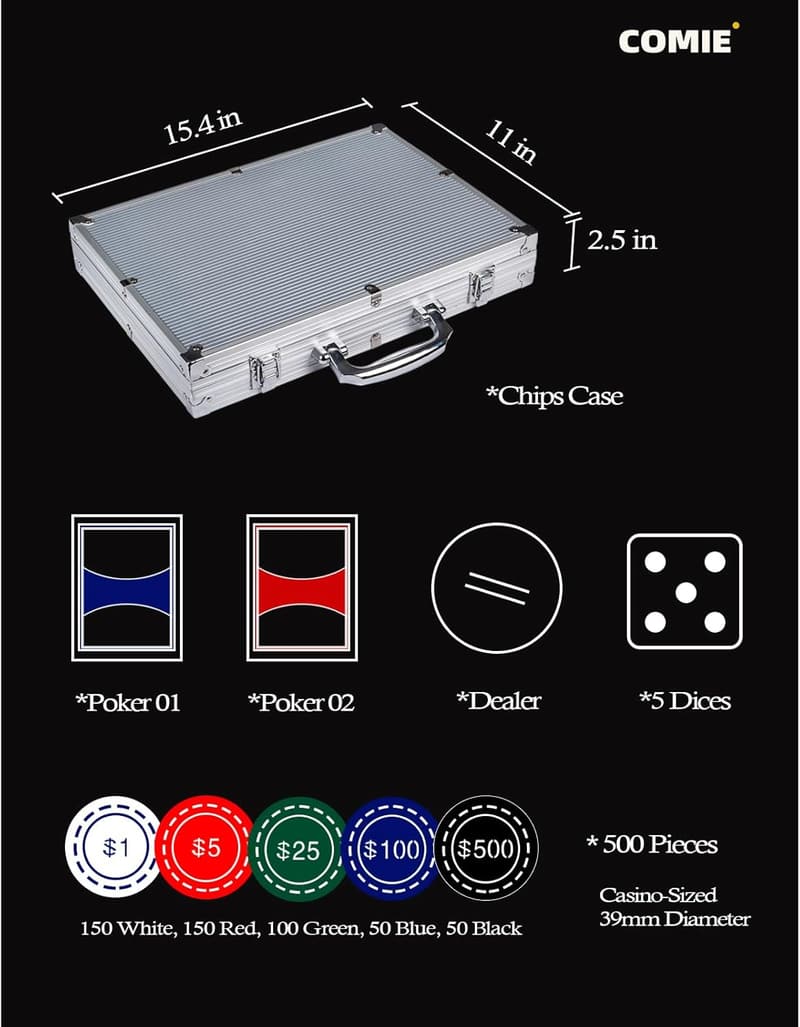 500PCS Poker Chip Set with Aluminum Case for Texas Hold'em