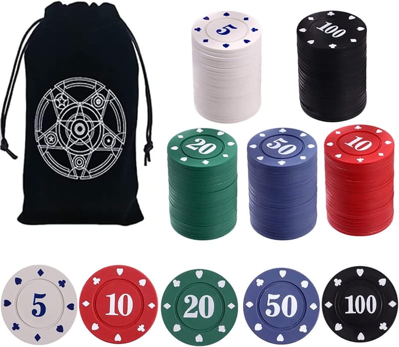 Poker Chips Set with Black Velvet Pouch - 100 Plastic Counters