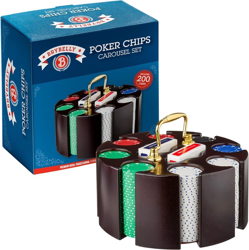 Casino Party Poker Set with Wooden Carousel Case - 200 Chips