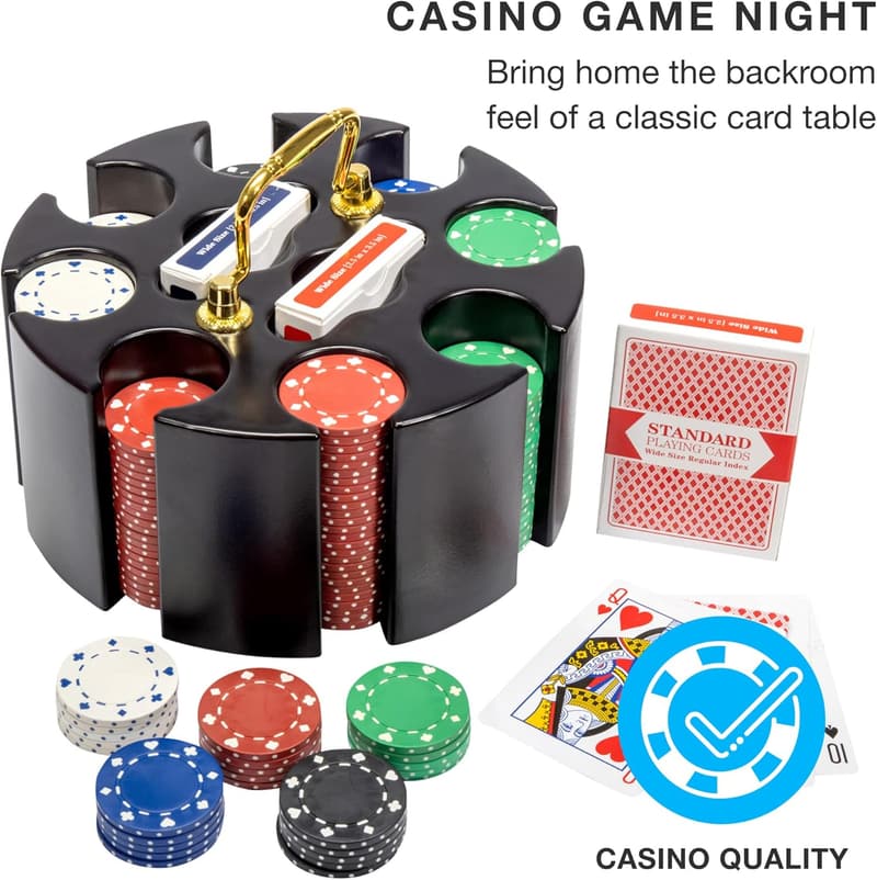 Casino Party Poker Set with Wooden Carousel Case - 200 Chips