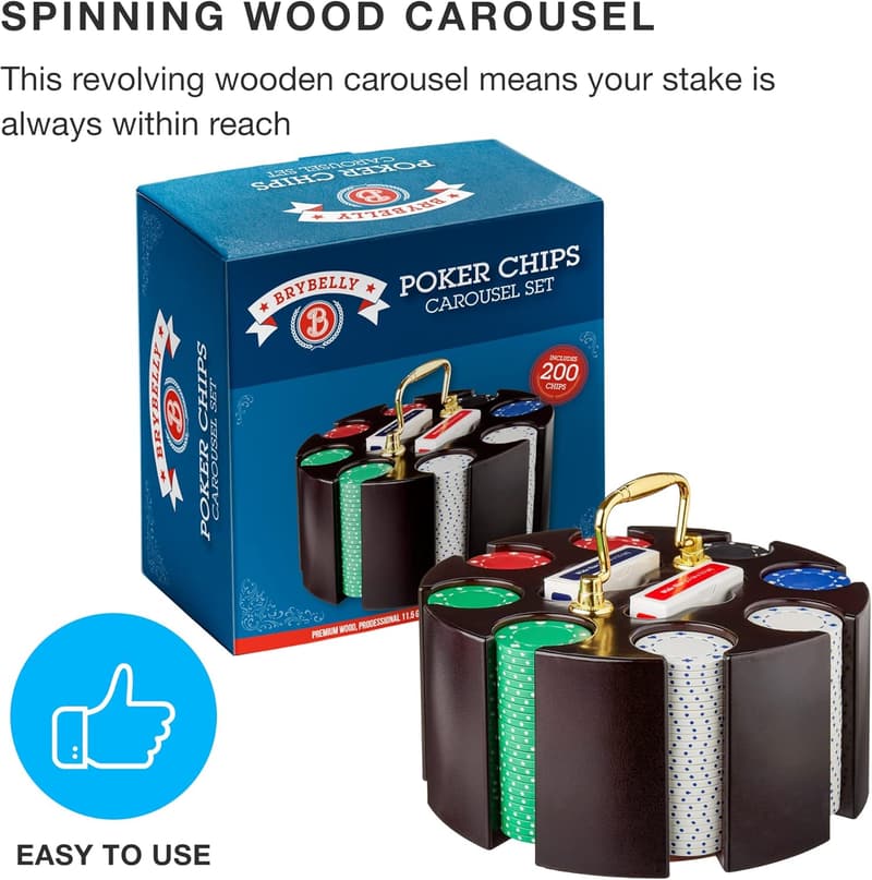 Casino Party Poker Set with Wooden Carousel Case - 200 Chips
