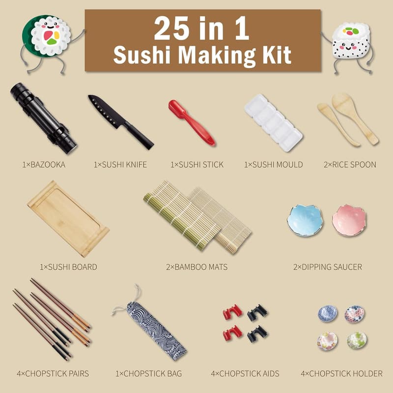Sushi Making Kit 25-in-1 with Bamboo Mat and Knife for Beginners
